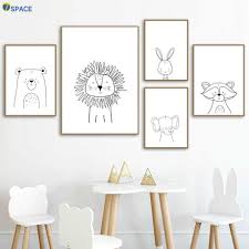Black And White Nursery Wall Decor Lion Rabbit Bear Elephant Raccoon Wall Art Canvas Painting Nordic Posters And Prints Nursery Wall Pictures Baby Kids Room Decor Kids Wall Decor Kids Room Wall Art Boys Room Decor
