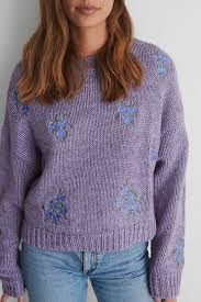 This is a basic pattern which uses rib and. Flower Embroidery Round Neck Knitted Sweater Purple Na Kd Com