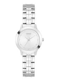 Femmes • verre minéral • boitier en acier inoxydable serti avec des pierres swarovski • bracelet acier inoxydable en mailles milanaises. Montre Guess Dame Acier Argent Bijouterie Luxedor