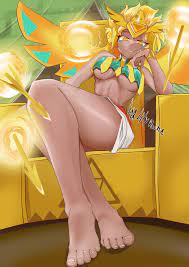 1girls barefoot clothing cookie run cookie run kingdom feet feet  focus foot fetish golden cheese cookie lilypachu sitting smug tagme 