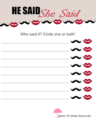Free Printable He Said She Said Game S Template Bridal Shower Games Free Printables Wedding Shower Games Bridal Shower Games