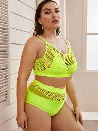 Plus Neon Green Contrast Fishnet High Waist Bikini Set High Waisted Bikini Plus Size Swimwear Plus Size Bikini