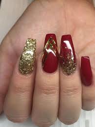 Super long gold acrylic nails with friend. 65 Christmas Holiday Coffin Nail Designs In Red And Gold Red And Gold Nails Gold Nail Designs Gold Nails
