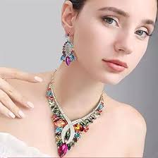 Qlavoca Rhinestone Crystal Rib Statement Necklace Earrings Charming Spark  Chunky Collar Necklace Earrings Set Women Fashion Jewelry Accessories, ...