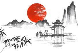Japanese art, japanese landscapes, cherry blossoms, sakura blooming art, japanese art prints, posters, woodblock prints and paintings reproductions. Japan Traditional Japanese Painting Sumi E Art Sun Mountain Temple Bamboo Japan Sponsored Affi Japanese Painting Traditional Japanese Art Japanese Artwork