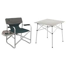 The curved panels of the breeze table interplay to create asymmetric graphic forms. Must Have Coleman Outpost Breeze Portable Folding Deck Chair With Side Table Camping Table Compact Roll Top Aluminum Table From Coleman Accuweather Shop