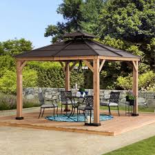 It has a raised floor and an interesting roof line that catches your attention at first glance. Sunjoy Missouri Collection 10 Ft X 10 Ft Cedar Framed Gazebo With Brown Steel 2 Tier Hip Roof Hardtop Walmart Com Walmart Com