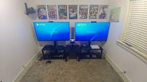 This Is My Revised Gaming Room I Used To Have 4 Ps4 S On 32 1080p Displays And One Ps4 Pro And One Xbox One Video Game Room Design Game Room Video