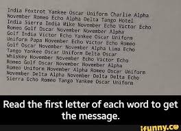 India Foxtrot Yankee Oscar Uniform Charlie Alpha November Romeo Echo Alpha Delta Tango Hotel India Sierra India Mike November Echo Victor Echo Romeo Golf Oscar In 2020 Morse Code Words Foxtrot Echo