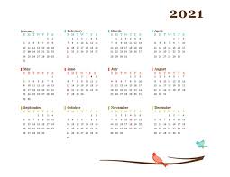 Landscape (horizontal), dates and weekdays at the top; 2021 Yearly Editable Word Calendar Template Free Printable Templates