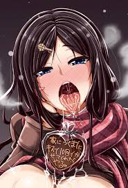 fue (rhomphair), mitarai keiko, fera pyua ~mitarashi-san chi no jijou~,  commentary request, highres, translation request, 1girl, black hair, blue  eyes, blush, breasts, breath, candy, chocolate, chocolate heart, clothes  lift, female focus, food,