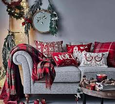 Grey Sofa With Festive Red Cushions And Throws Grey Christmas Decor Red Christmas Decor Christmas Sofa