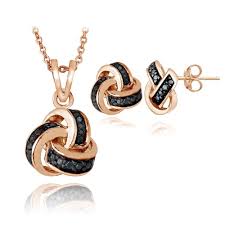 Rose Gold Tone Black Diamond Love Knot Necklace Earrings Set Aretes