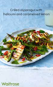 Griddled Asparagus With Halloumi And Caramelised Lemon Recipe Waitrose Food Recipes Halloumi