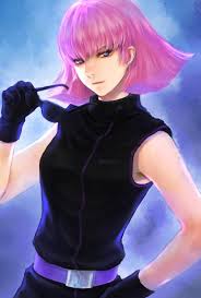 takeda yuuko, haman karn, quattro bajeena, gundam, zeta gundam, highres,  1girl, belt, black gloves, black jacket, blue background, blue eyes,  breasts, cosplay, gloves, hand on own hip, holding, holding removed  eyewear, jacket, looking to the side, medium ...