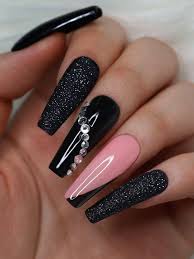 Black And Gold Glitter Coffin Nails Cute Black Nails With Glitter Coffin Shaped With Accent Pink Nail And Rhinestones Black Coffin Nails Glitt In 2020 Glamour Nails Black Nails With Glitter Pink Nails