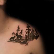 Small Simple Forest Wolves Tattoo For Men On Upper Chest Forest Tattoos Wolf Tattoos For Women Wolf Tattoos Men