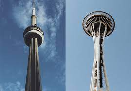 The revolving dining room restaurant silently rotates 360 degrees every hour, giving diners a constantly changing vantage point. Seattle S Space Needle On The Left And Toronto S Cn Tower On The Right