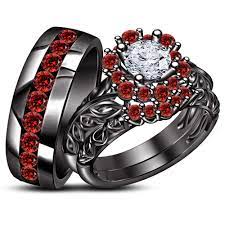 Diamond Wedding 14k Black Gold Trio His And Her Bridal Band Engagement Ring Set Giftjewelry22 Wedding Ring Trio Sets Ruby Wedding Rings Gothic Wedding Rings