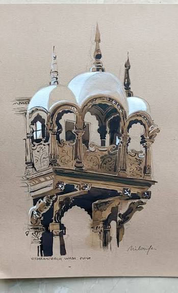 Watercolour painting of Pune's Peshwa palace and Parvati temple