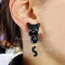 Boucles D Oreilles Suspendues De Chat Noir Cat Earrings Black Cat Earrings Cat Earrings Studs