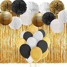 Black And Gold Pom Poms Decorations Black And Gold Party Decorations With Balloons Paper Pom Poms Lanterns And Glitzy Fringe Cur Black And Gold Party Decorations Gold Party Decorations Gold Party