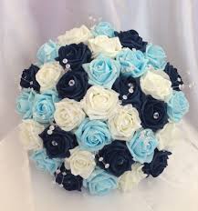 Save big with our diy wedding combos! Artificial Flowers Navy Blue Ivory Light Blue Foam Rose Brides Wedding Bouquet