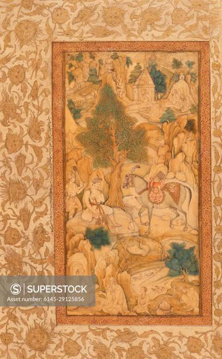 Prince at Rest. Attributed to Miskin (India, active circa 1580-1610). India, Mughal empire, circa 1600-1605, border circa 1608. Drawings; watercolors. Ink, opaque watercolor, and gold on paper - SuperStock