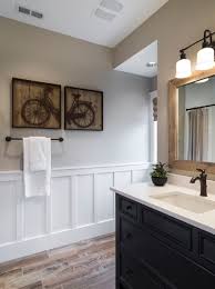 Beautiful Bathroom Wood Tile Floors Black Vanity Bronze Fixtures And The White Wainscoting Houzz Com Home Bathrooms Remodel Wood Like Tile
