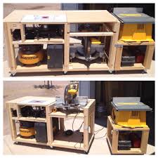 My All In One Shop Table This Table Houses A Router Table Miter Saw And Table Saw And All Surfaces Woodworking Workbench Mobile Workbench Garage Work Bench
