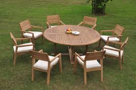 Wholesaleteakfurniture Gradea Teak Wood 8 Seater 9 Pc Dining Set 72 Round Table 8 Vellore Stacking Arm Chair Patio Dining Chairs Dining Set Outdoor Dining Set