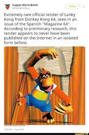 Extremely Rare Official Render Of Lanky Kong From Donkey Kong 64 Seen In An Issue Of The Spanish Magazine 64 According To Preliminary Research This Render Lanky Kong Donkey Kong