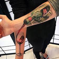 3d Realistic Wine Bottle And Glass Couples Tattoos On Forearms Clever Tattoos Couple Tattoos Couples Tattoo Designs