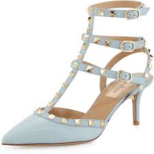 Valentino Rockstud Leather Mid Heel Pump Light Blue 1 075 Neiman Marcus Lookastic