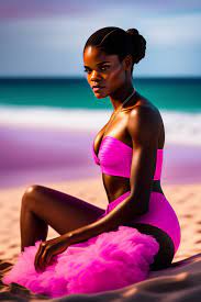 Lexica - Dream foto of a very beautiful Letitia Wright playing uno on the  beach in a pink bikini, highly detailed, cinematic, dramatic lighting