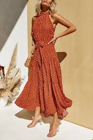 High Neck Dress Polka Dots Halter Neck Dress Tie Waist Halter Maxi Dress Red Halter Neck Maxi Dress In 2020 White Boho Dress Long Red Dress Vintage Summer Dresses