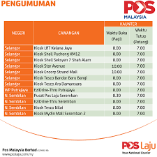 2.pejabat pos = kat semua cawangan, ibu pejabat pos korg leh pei untuk bayar saman. Waktu Operasi Pos Laju Seluruh Negeri Di Malaysia
