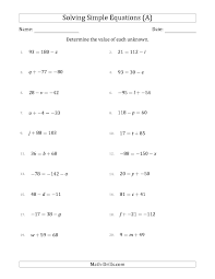The Solving Simple Linear Equations With Unknown Values Between 99 And 99 And Variables On T Algebra Worksheets Solving Linear Equations Algebraic Expressions