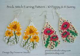 Fringe Earrings Brick Stitch Pattern Tutorial Delica Bead Pattern Beaded Earrings Brick Earring Pattern 10 Poppy 11 Sunny Brick Stitch Earrings Earring Patterns Beadwork Patterns