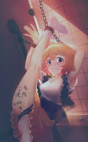 nanami mami, kanojo okarishimasu, absurdres, highres, 1girl, arrow  (symbol), bdsm, blonde hair, body writing, bondage, bound, price, public  restroom, public use, restrained, short hair, spread legs, standing - Image  View - |