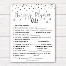 Silver Nursery Rhyme Game Guess The Nursery Rhyme Baby Song Etsy Baby Shower Quiz Nursery Rhymes Games Baby Shower Songs