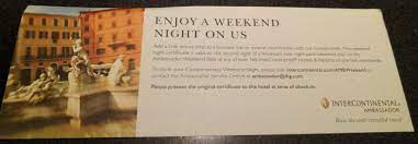 For every 10 nights you book through hotels.com, you'll get a free night worth the average cost of the 10 nights you booked. Reader Question Points And Night Credit Earned On Intercontinental Free Weekend Night Voucher Stay Loyaltylobby