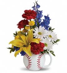 Sympathy flowers with keepsake vase. Teleflora S Big Hit Bouquet Keepsake Baseball Mug In Auburndale Fl The House Of Flowers
