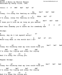 Song Lyrics With Guitar Chords For Crazy Patsy Cline 1961 Guitar Chords For Songs Great Song Lyrics Lyrics And Chords