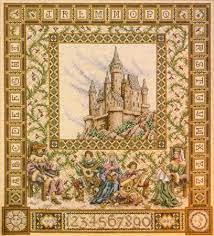 Unicorn captivity medieval blue detail counted cross stitch pattern with needles. Castle Sampler By Teresa Wentzler Fantasy Cross Stitch Cross Stitch Cross Stitch Pictures