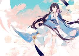 The bangs with a single ponytail. Wallpaper Id 156322 Xia Yu Yao Utau Anime Girls Anime Women Black Hair Long Hair Twintails Kimono Blue Eyes Happy Microphone Singer Feathers Fan Art Artwork Digital Art Illustration Drawing 2d