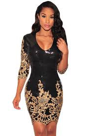Black And Gold Long Sleeve Bodycon Dress Black Gold Patchwork 3 4 Sleeves Victorian Sequins O Neck Full Sleeve Long Sleeve Above Knee Mini Bodycon Dress In 2020 Bodycon Dress Parties Bodycon Dress Bodycon Dress With Sleeves