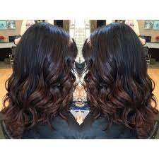 Dark Brunette Black Hair With Red Balayage Ombre Ends On Medium Long Hair Red Hair Tips Balayage Hair Dark Hair
