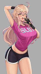 1girls ahoge alma armas black-framed eyewear black shorts blonde  hair blush breasts commentary commission desspie earrings english  commentary english text eyebrows visible through hair female female only  fuck-me shirt
