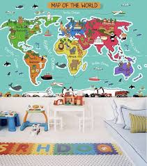 Children 39 S World Map Wallpaper Animal Wall Decal Art Children 39 S Room Study Room Ocean Wall Paper Aqua Blue Wall Murals 55 Quot X 36 5 Quot Harita